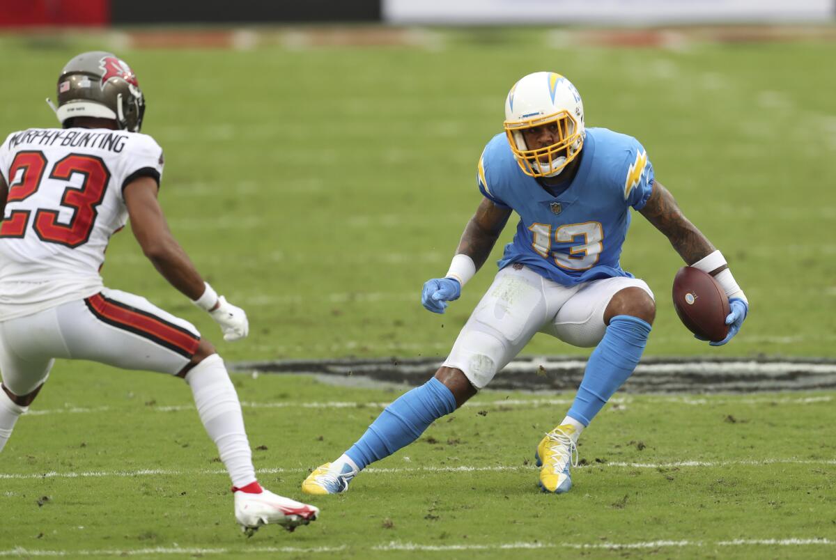 Chargers receiver Keenan Allen tries to outmaneuver Buccaneers cornerback Sean Murphy-Bunting.