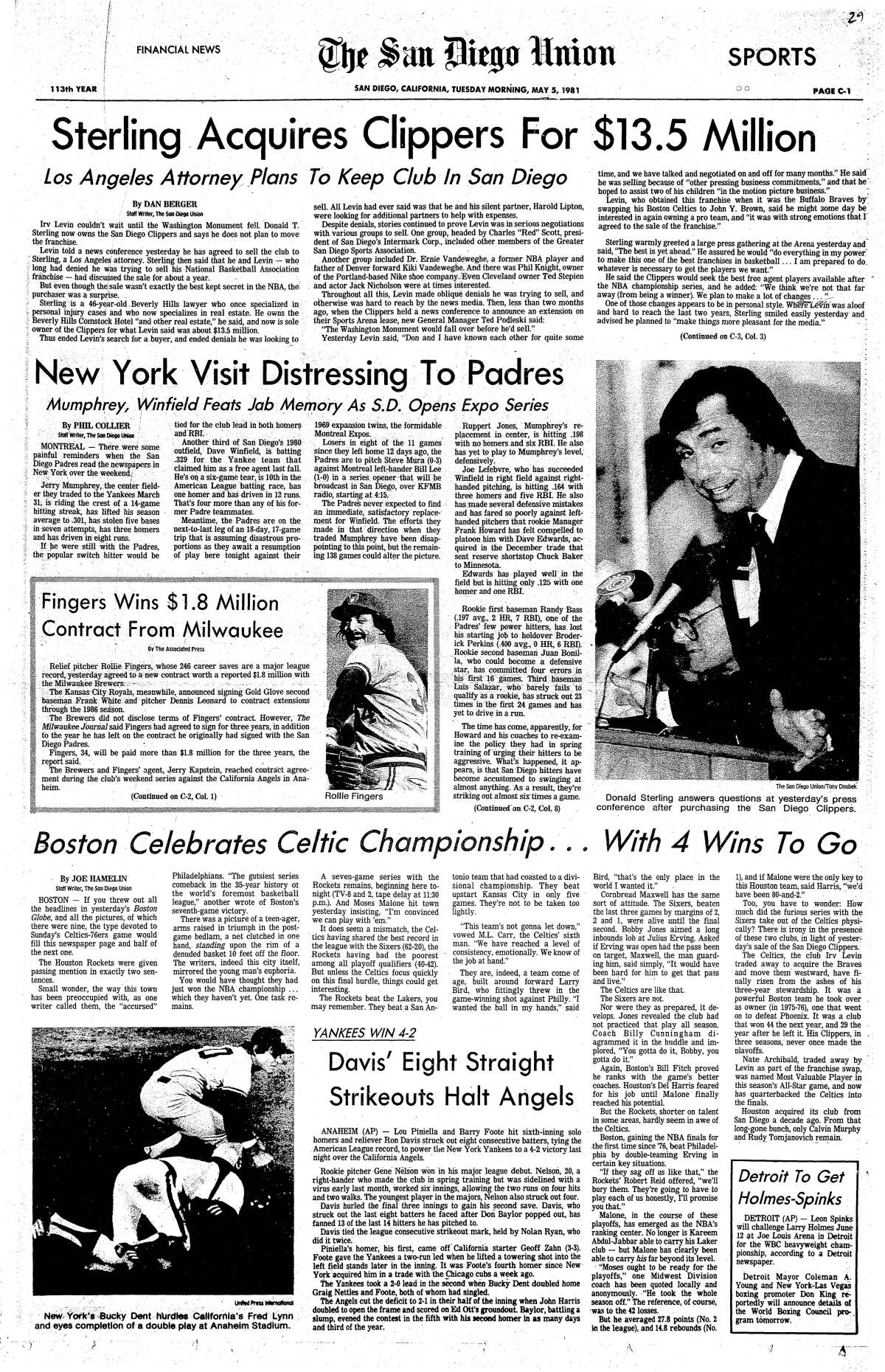 "Sterling Acquires Clippers" headline published in The San Diego Union, May 5, 1981.