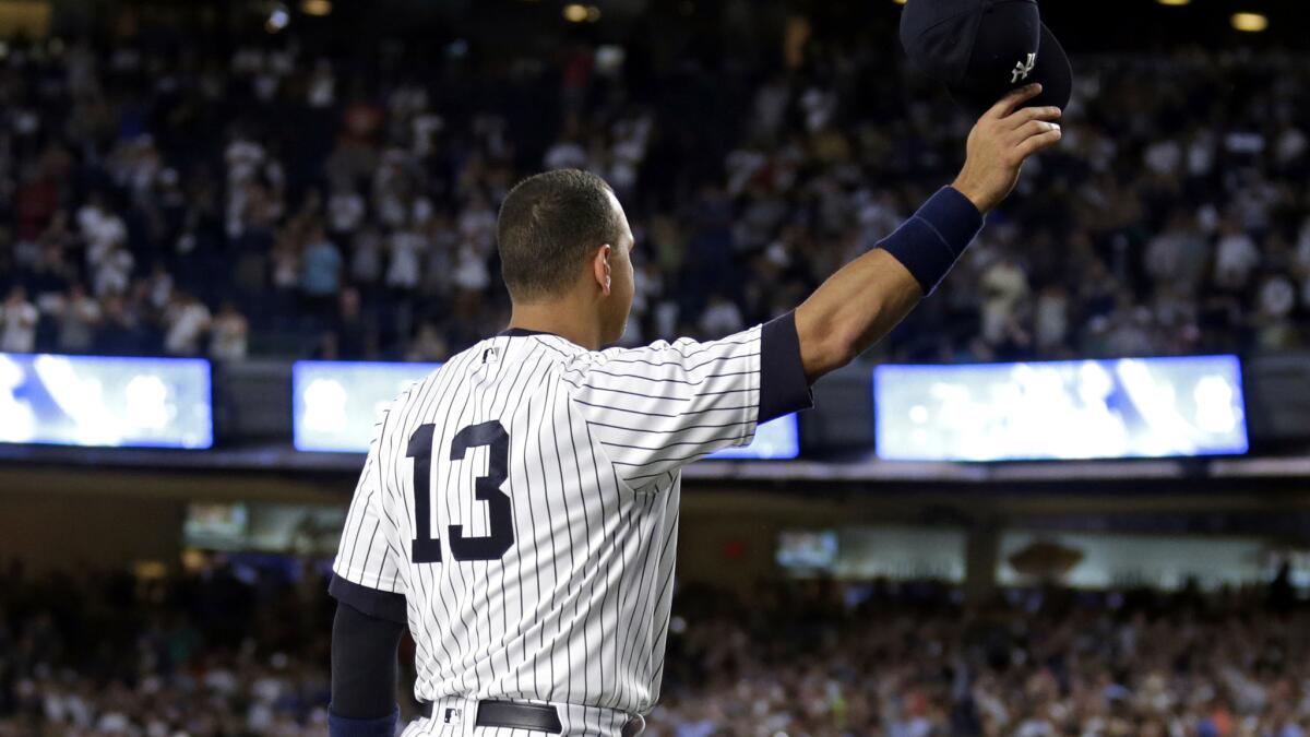 Alex Rodriguez acknowledges the Yankee Stadium crowd before his final game Friday night.