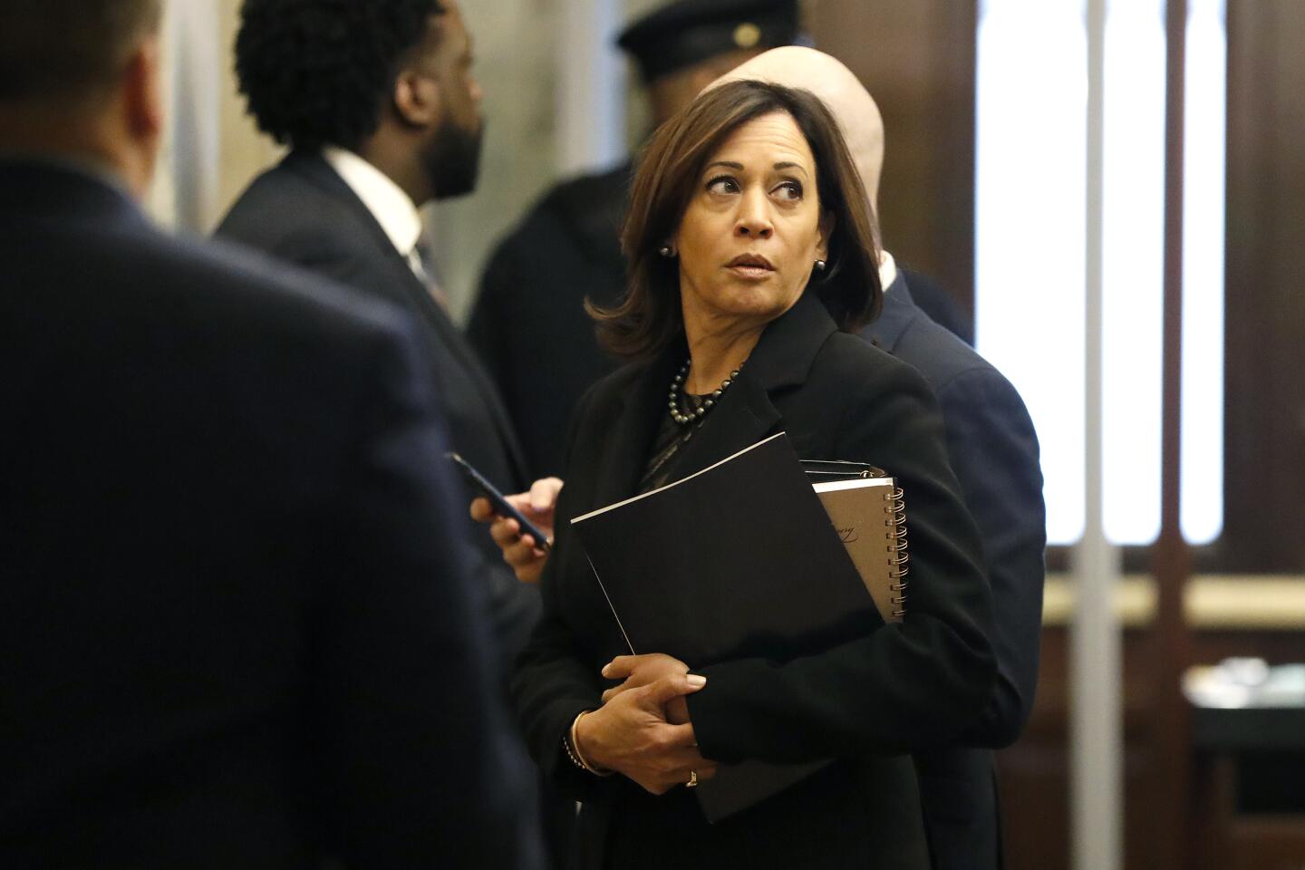 Jan. 21, 2020: Sen. Kamala Harris, D-Calif., waits for an elevator while arriving at the Capitol in Washington.