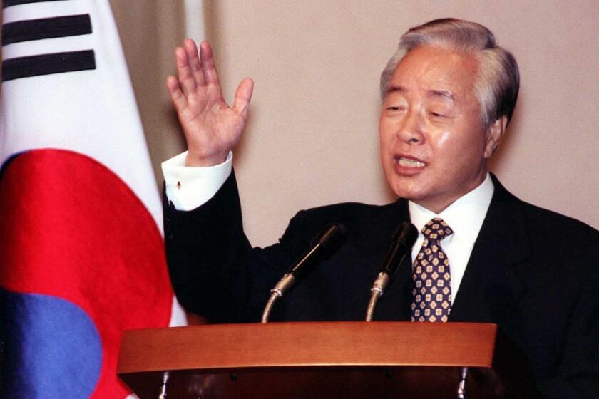South Korean President Kim Young-sam addresses Korean Americans during a reception at the Century Plaza Hotel in Los Angeles on Sept. 2, 1996.