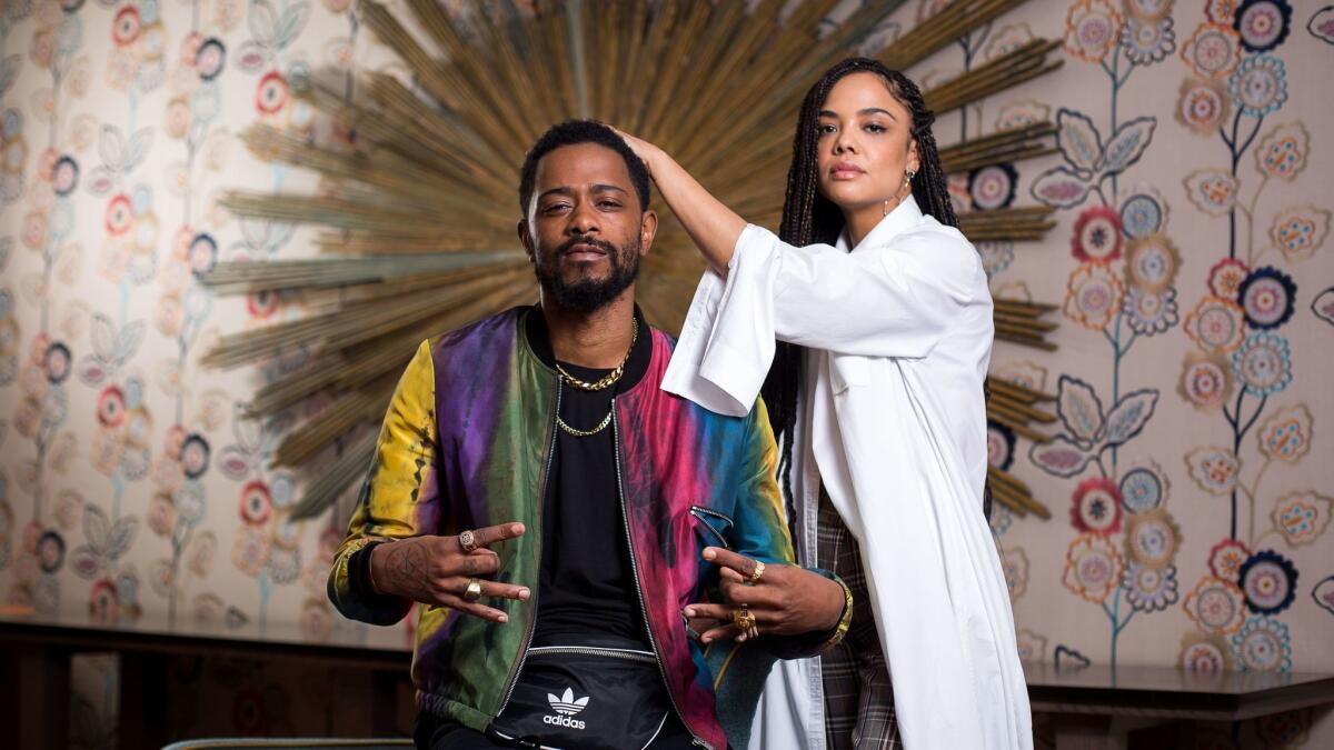 Tessa Thompson and Lakeith Stanfield pose for a portrait at the Crosby Hotel in New York City.