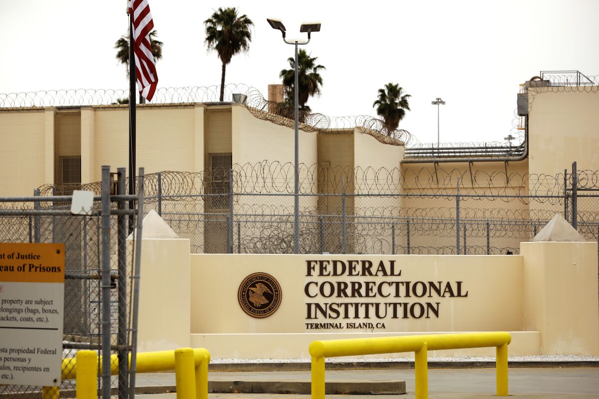 Terminal Island federal prison in San Pedro is seen in April 2020.
