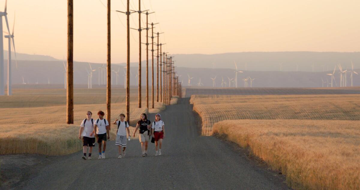 Students walk on a road together.