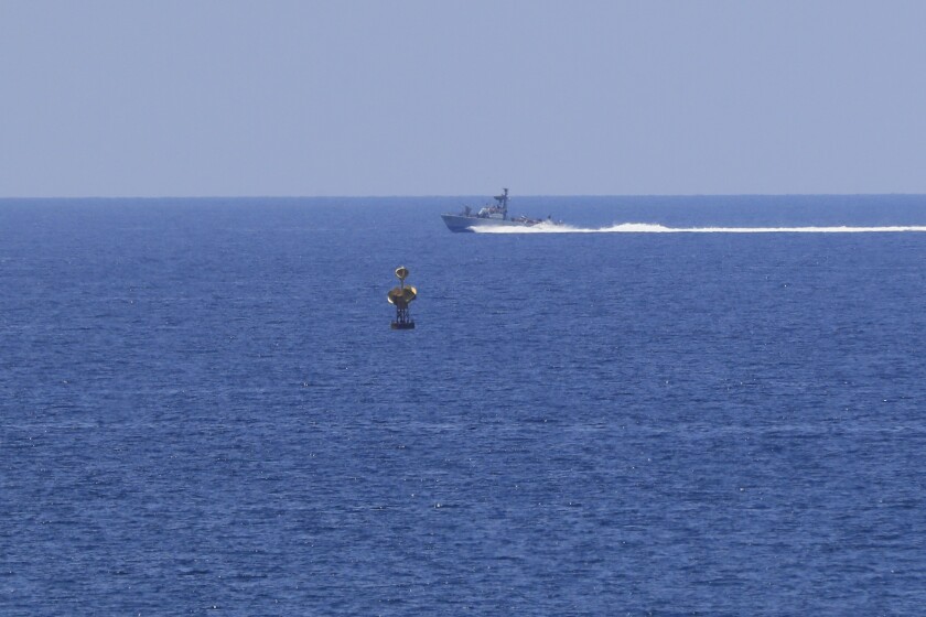 FILE - An Israeli Navy vessel patrols in the Mediterranean Sea, while Lebanon and Israel are being called to resume indirect talks over their disputed maritime border with U.S. mediation, off the southern town of Naqoura, Monday, June 6, 2022. The Israeli military on Saturday, July 2, 2022 said it shot down three unmanned aircraft launched by the Lebanese militant group Hezbollah heading toward an area where an Israeli gas platform was recently installed in the Mediterranean Sea. (AP Photo/Mohammed Zaatari, File)