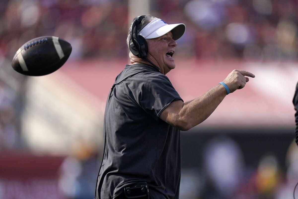 UCLA coach Chip Kelly shouts at a referee during a win over USC on Nov. 20.