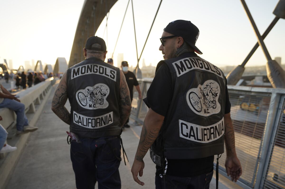 Members of the Mongols motorcycle club Saturday on the new 6th Street Viaduct.