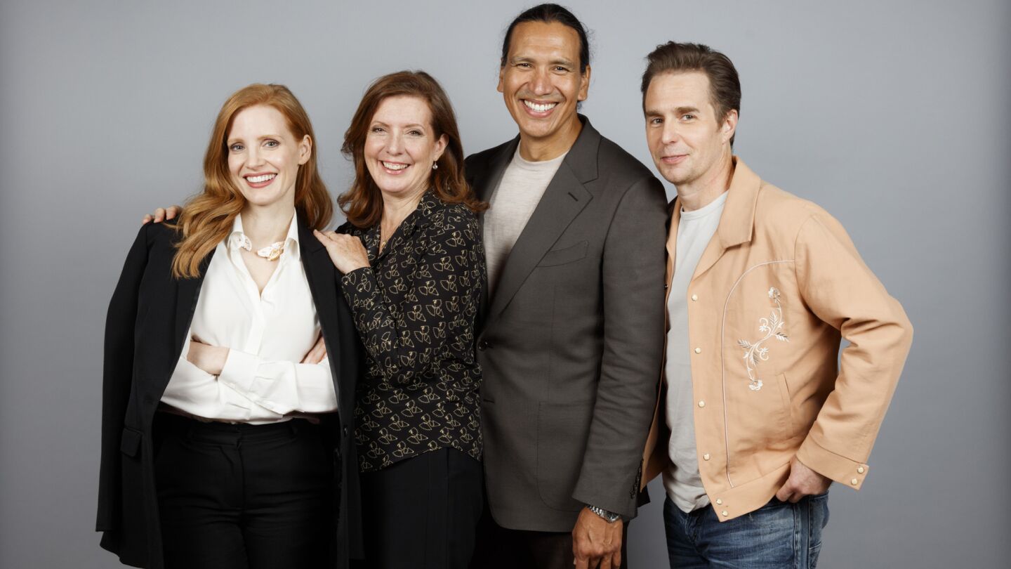 Actress Jessica Chastain, director Susanna White, actor Michael Greyeyes and actor Sam Rockwell, from the film "Woman Walks Ahead."