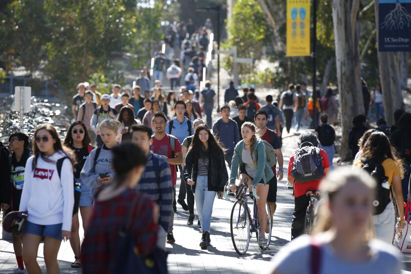 Students head to classes at UC San Diego on April 24, 2019. Massachusetts Sen. Elizabeth Warren is proposing to eliminate tuition at the nation’s public colleges and universities, (Photo by K.C. Alfred/The San Diego Union-Tribune)