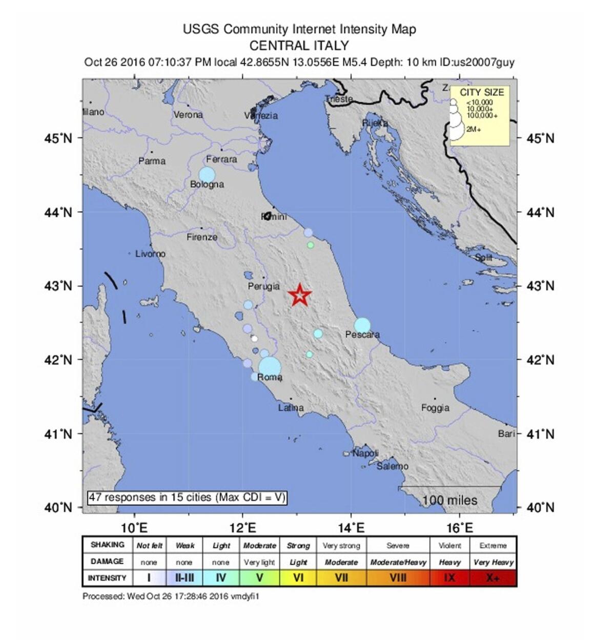 Foto de archivo cedida el 26 de octubre de 2016, por el Servicio Geológico de los Estados Unidos (USGS) que muestra el lugar donde se produjo un terremoto superior a los 5 grados en la escala Ritcher en Perugia, Italia. EFE/Usgs