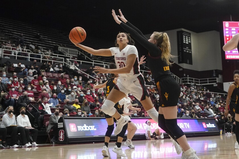 Stanford guard Haley Jones (30) shoots against Arizona State guard Sydney Erikstrup during the second half of an NCAA college basketball game in Stanford, Calif., Friday, Jan. 28, 2022. (AP Photo/Jeff Chiu)