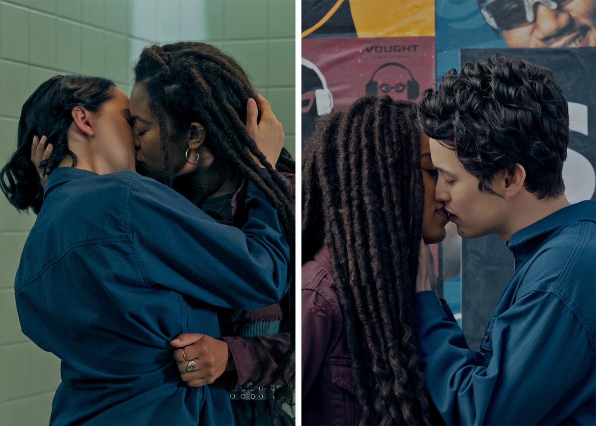 A Black woman kisses an Asian-American woman; the same Black woman kisses the same person, now an Asian-American man.