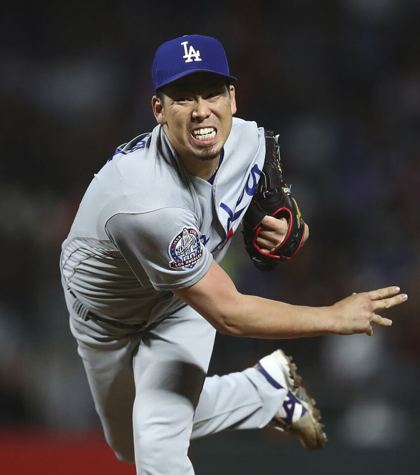 Los Angeles Dodgers pitcher Kenta Maeda works against the San Francisco Giants in the ninth inning of a baseball game Friday, Sept. 28, 2018, in San Francisco. (AP Photo/Ben Margot)