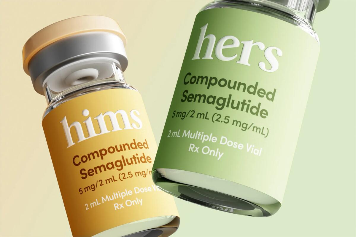 Compounded semaglutide bottles from healthcare company Hims & Hers.