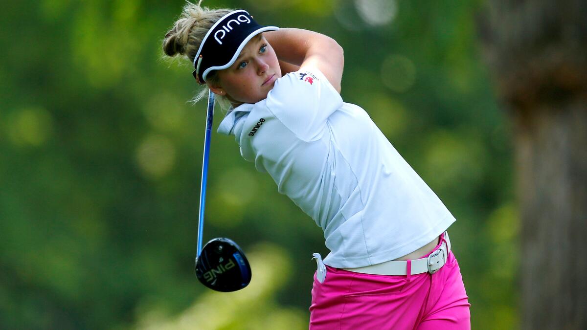 Brooke Henderson tees off at No. 18 during the first round of the LPGA Cambia Portland Classic.