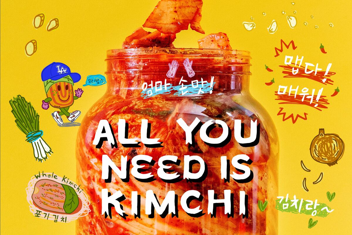 Photo of kimchi jar with illustrations of kimchi and Korean phrases