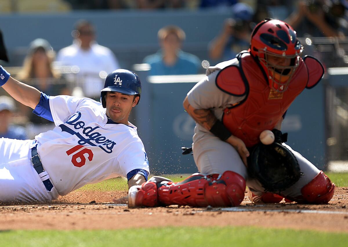 Andre Ethier beats the throw to St. Louis Cardinals' Yadier Molina to score one of six second-inning runs for the Dodgers on Saturday.