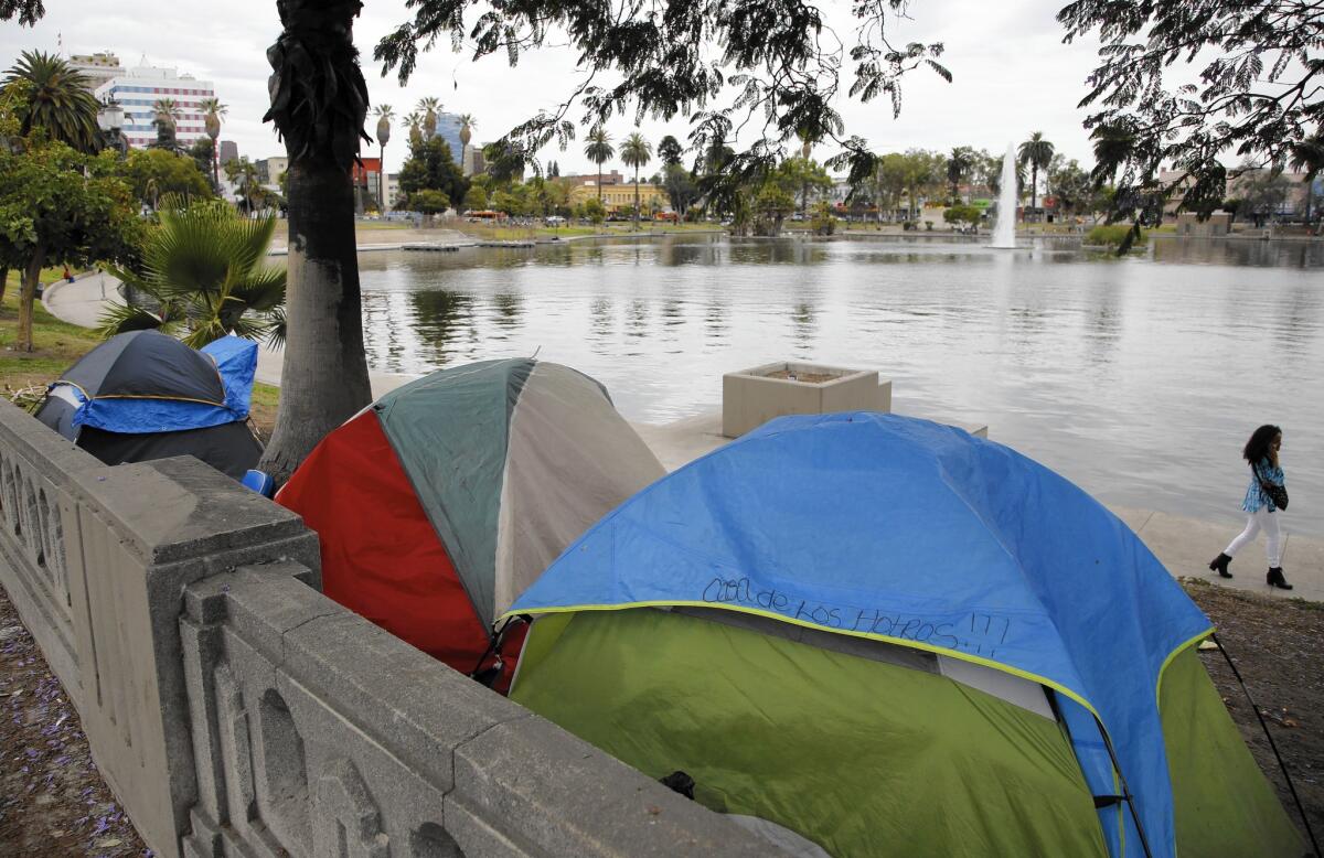 A small tent encampment inside MacArthur Park in Los Angeles.