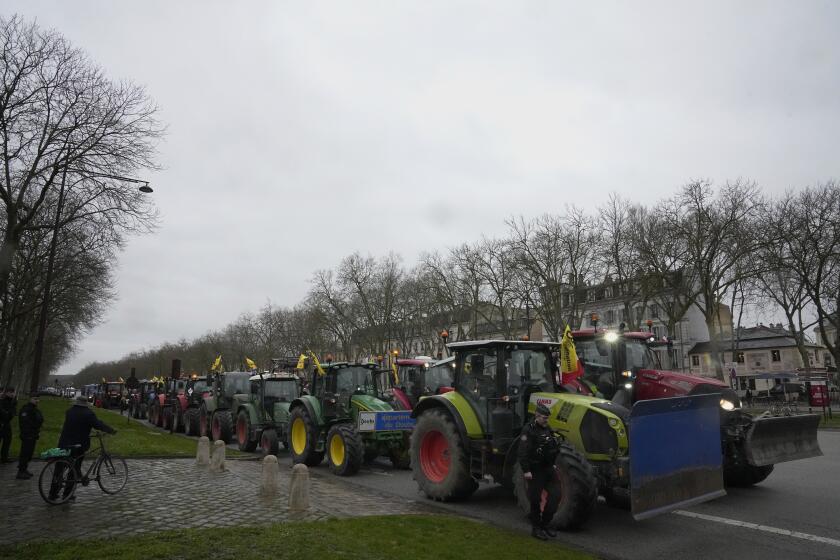 FILE - Tractors are parked during a protest, near the Chateau de Versailles, outside Paris, Friday, March 1, 2024. The European Union's executive arm on Friday, March 15, 2024 proposed to sacrifice even more climate and environmental measures in the bloc's latest set of concessions to farmers who appear bent to continue their disruptive tractor protests until the June EU elections. (AP Photo/Michel Euler, File)