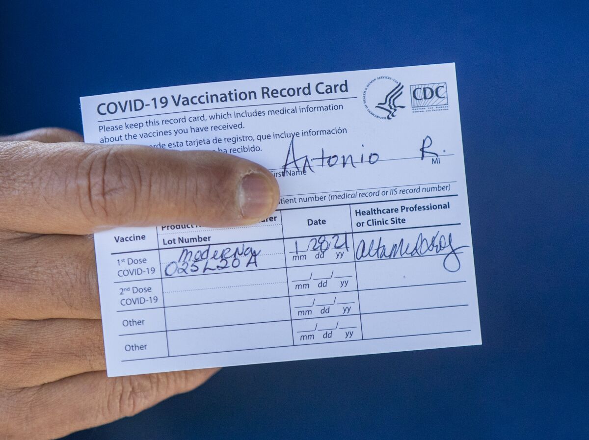 A CDC vaccination card indicates that a person received a first dose of the Moderna vaccine.
