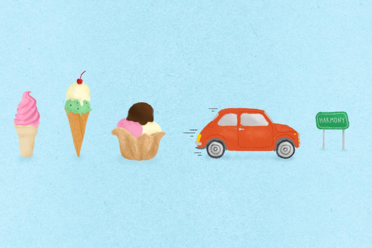 Illustration of three types of ice cream, a car, and a town sign.