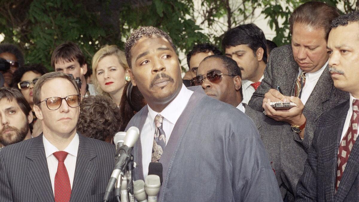 On May 1, 1992, Rodney King speaks at a news conference pleading for an end to the rioting and looting in Los Angeles.