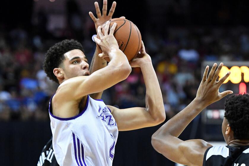 Lakers rookie Lonzo Ball shoots against the Clippers during the NBA Summer League at the Thomas and Mack Center in Las Vegas on July 7, 2017.