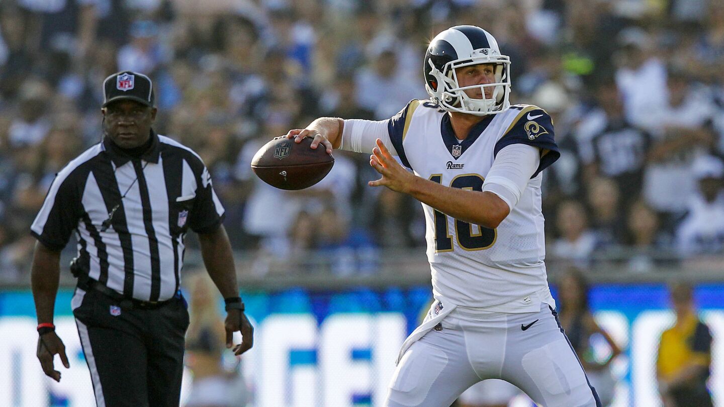 Rams quarterback Jerad Goff passes to Cooper Kupp during the first quarter of a preseason game against the Cowboys at the Coliseum.