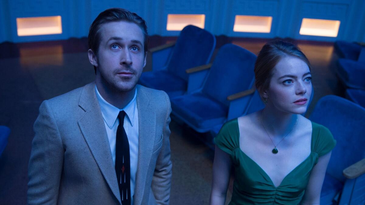 Ryan Gosling and Emma Stone in a scene from "La La Land."
