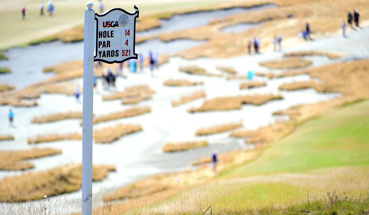 A view of the 14th tee during a practice round prior to the start of the 115th U.S. Open Championship at Chambers Bay on Wednesday.