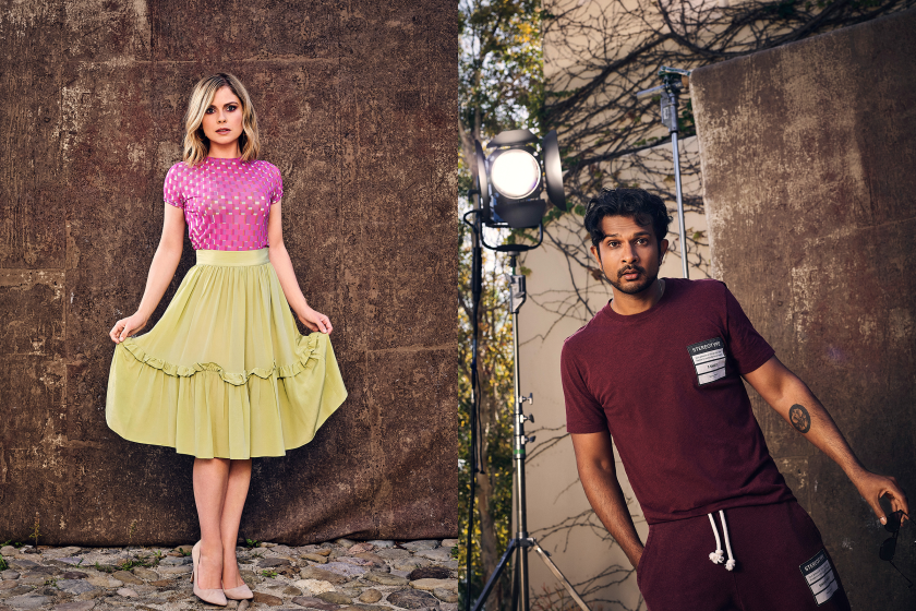 A woman stands in front of a wall holding her skirt out and a man in a second image stands in front of a photoshoot light.