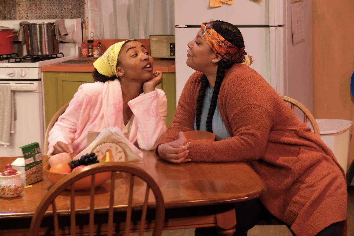 Jamaelya Hines, left, as Lil' Mama and Jodi Marks as Nelly in "Stew" at Scripps Ranch Theatre.