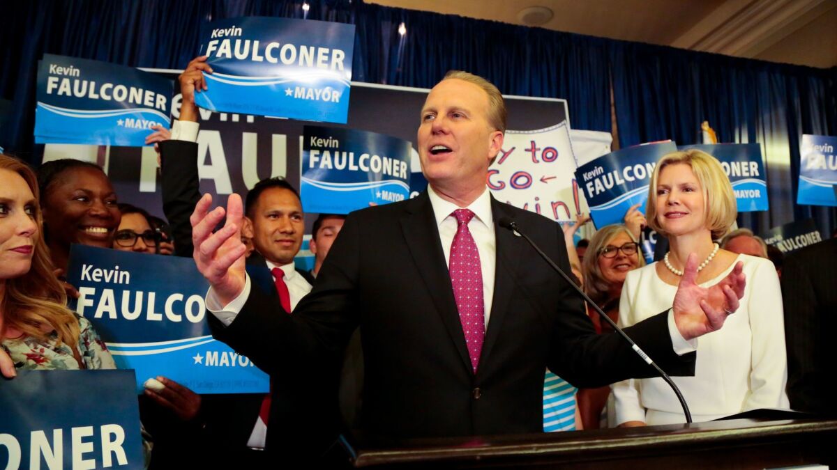 Mayor Kevin Faulconer, shown on primary night June 7 when he swept to re-election, finished second in a recent statewide poll of potential candidates for governor in 2018.
