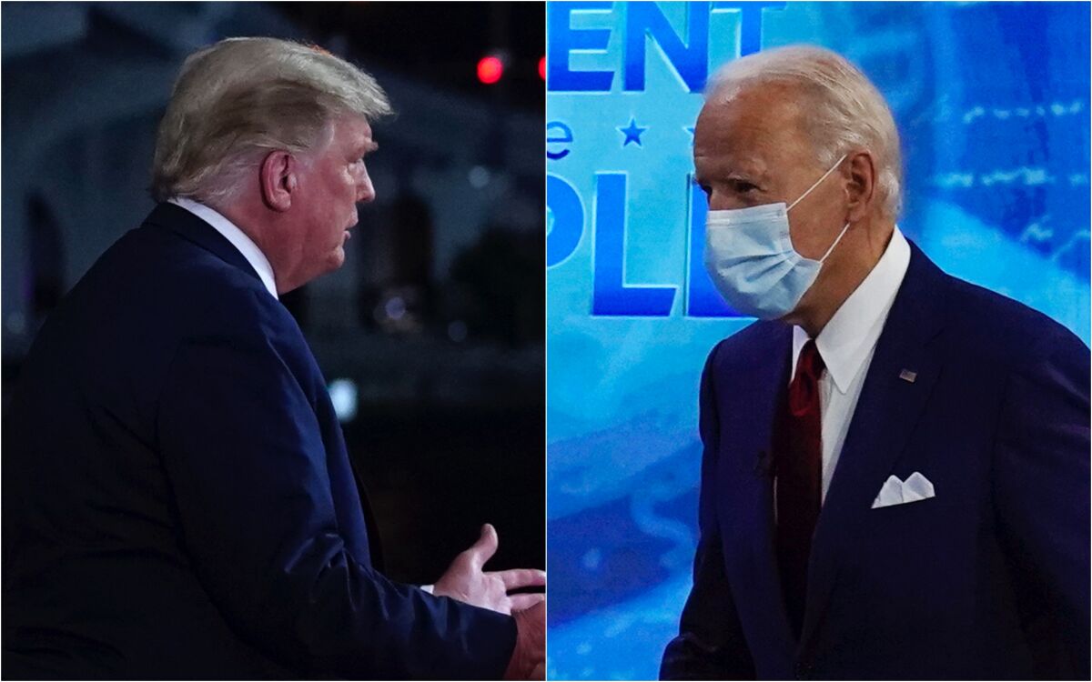 Diptych of President Trump and Joe Biden in their respective TV town halls