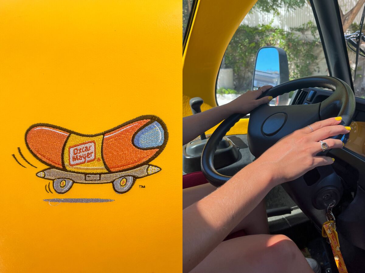 Two images side by side, of an embroidered wienermobile, on the left, and a hand on the steering wheel, on the right.
