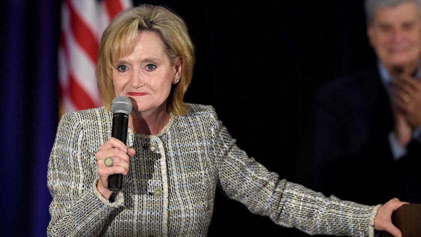 Sen. Cindy Hyde-Smith (R-Miss.) speaks to supporters on election night in Jackson, Miss.