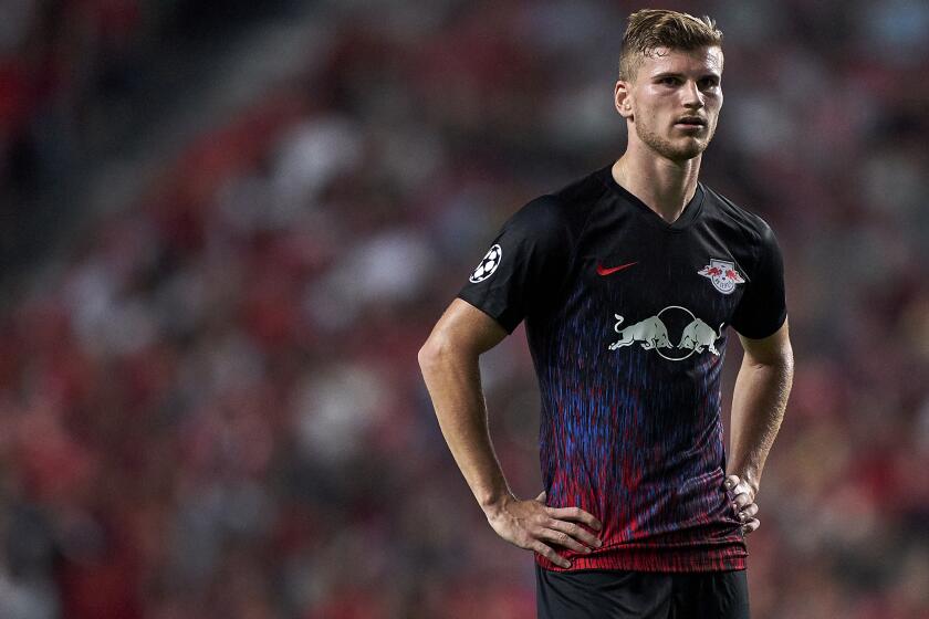 LISBON, PORTUGAL - SEPTEMBER 17: Timo Werner of RB Leipzig looks on during the UEFA Champions League group G match between SL Benfica and RB Leipzig at Estadio da Luz on September 17, 2019 in Lisbon, Portugal. (Photo by Quality Sport Images/Getty Images)