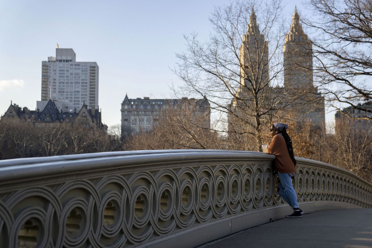 Una mujer observa el paisaje desde el Puente Bow de Central Park, el lunes 30 de enero de 2023, en Manhattan, Nueva York. (AP Foto/John Minchillo)