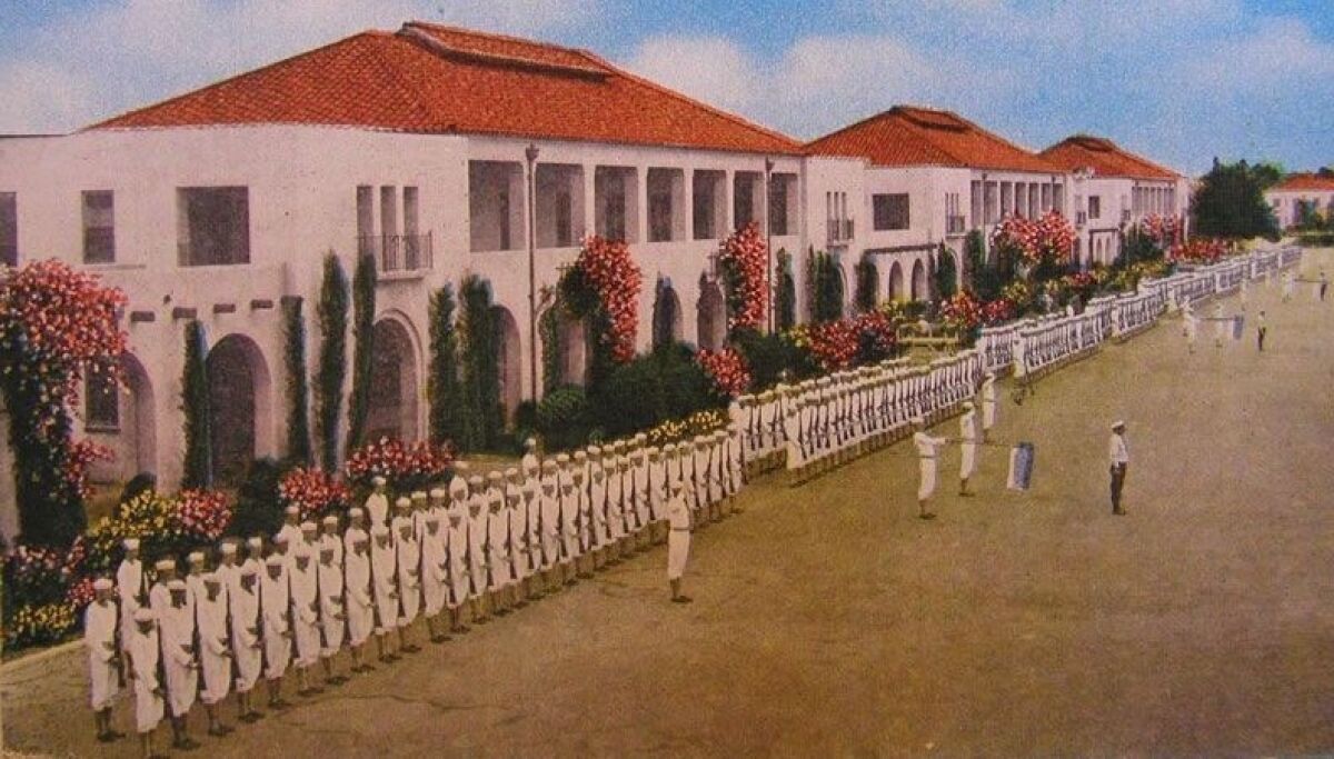 An old postcard shows sailors on the promenade at the Naval Training Center in Point Loma (now Liberty Station).