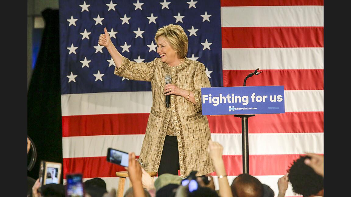 Hillary Clinton addresses a rally held at Los Angeles Southwest College.