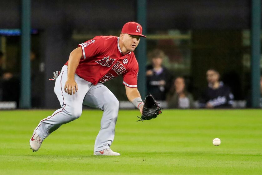 Mandatory Credit: Photo by TANNEN MAURY/EPA-EFE/REX (10403573o) Los Angeles Angels center fielder Mike Trout runs in to field a ball hit for a single by Chicago White Sox third baseman Yoan Moncada in the first inning of the MLB baseball game between the Los Angeles Angeles and the Chicago White Sox at Guaranteed Rate Field in Chicago, Illinois, USA, 06 September 2019. Los Angeles Angels at Chicago White Sox, USA - 06 Sep 2019 ** Usable by LA, CT and MoD ONLY **