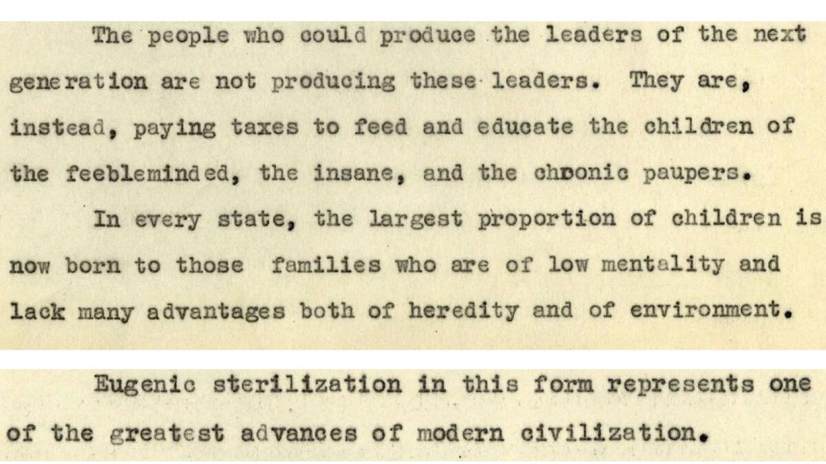Excerpts from a pamphlet by the Human Betterment Foundation in 1938 advocating for eugenic sterilization.