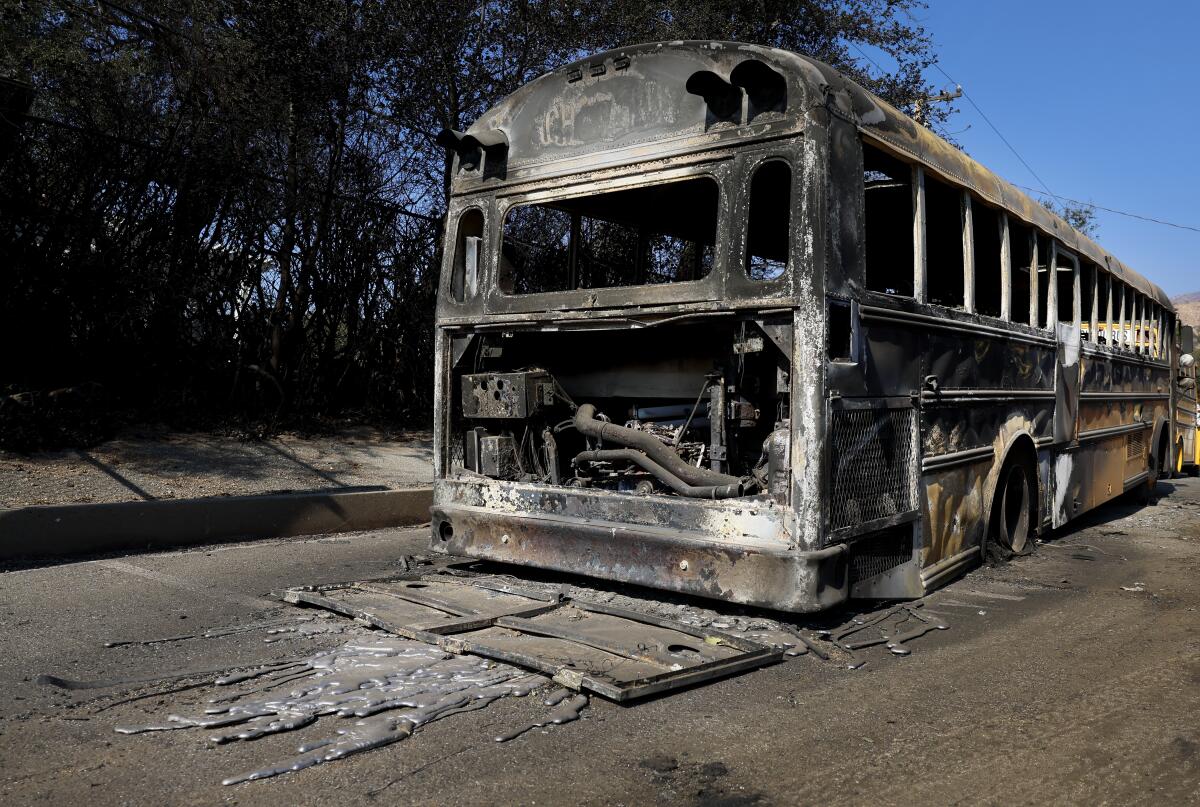 The Eaton Fire destroyed this school bus that was parked at Iveson Charter School in Altadena, which burned down on January 11, 2025.
