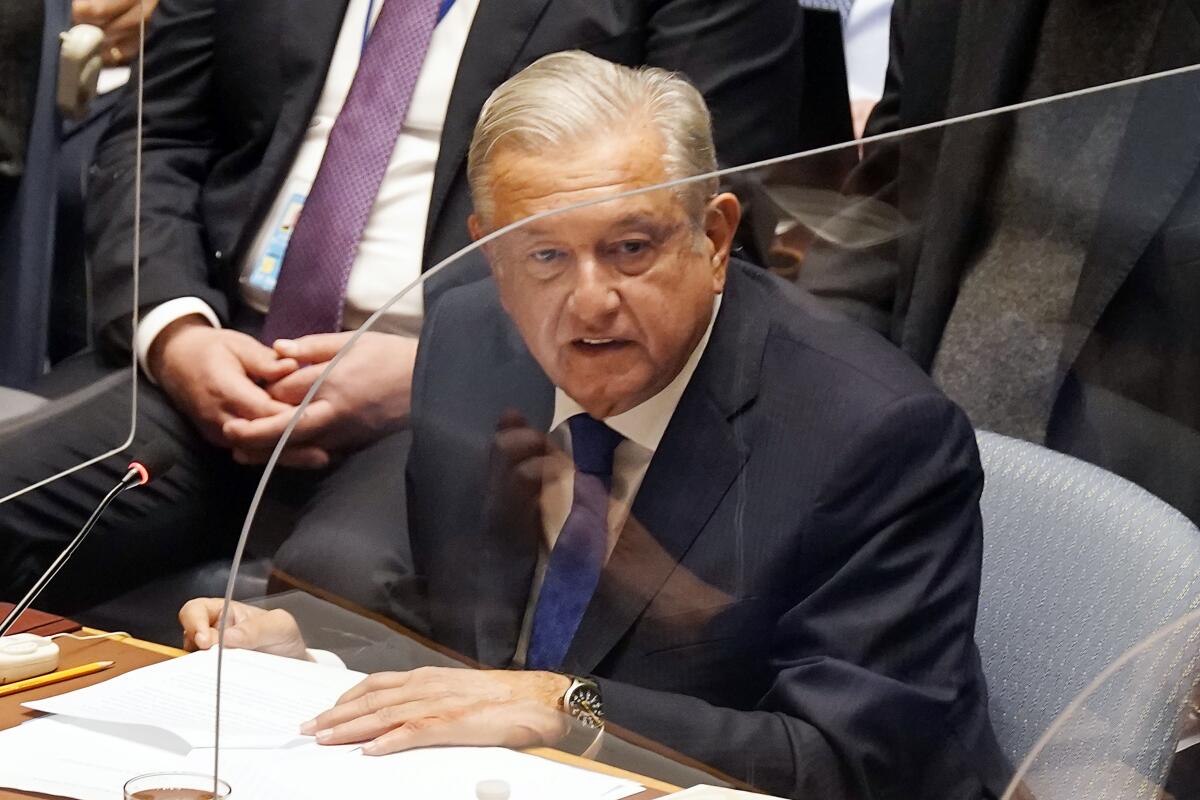 Andrés Manuel López Obrador, se dirige al Consejo de Seguridad de las Naciones Unidas, 2021.