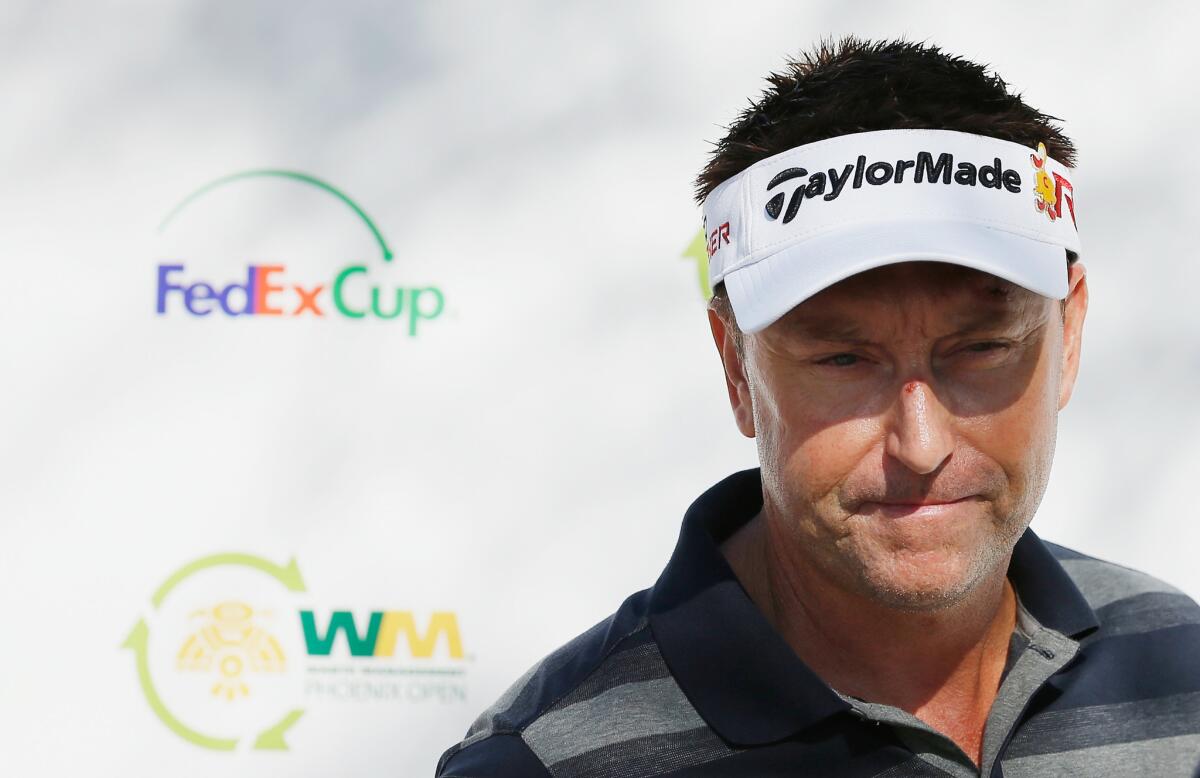 Robert Allenby of Australia speaks with the media during a Jan 27 practice round before the start of the Waste Management Phoenix Open at TPC Scottsdale.