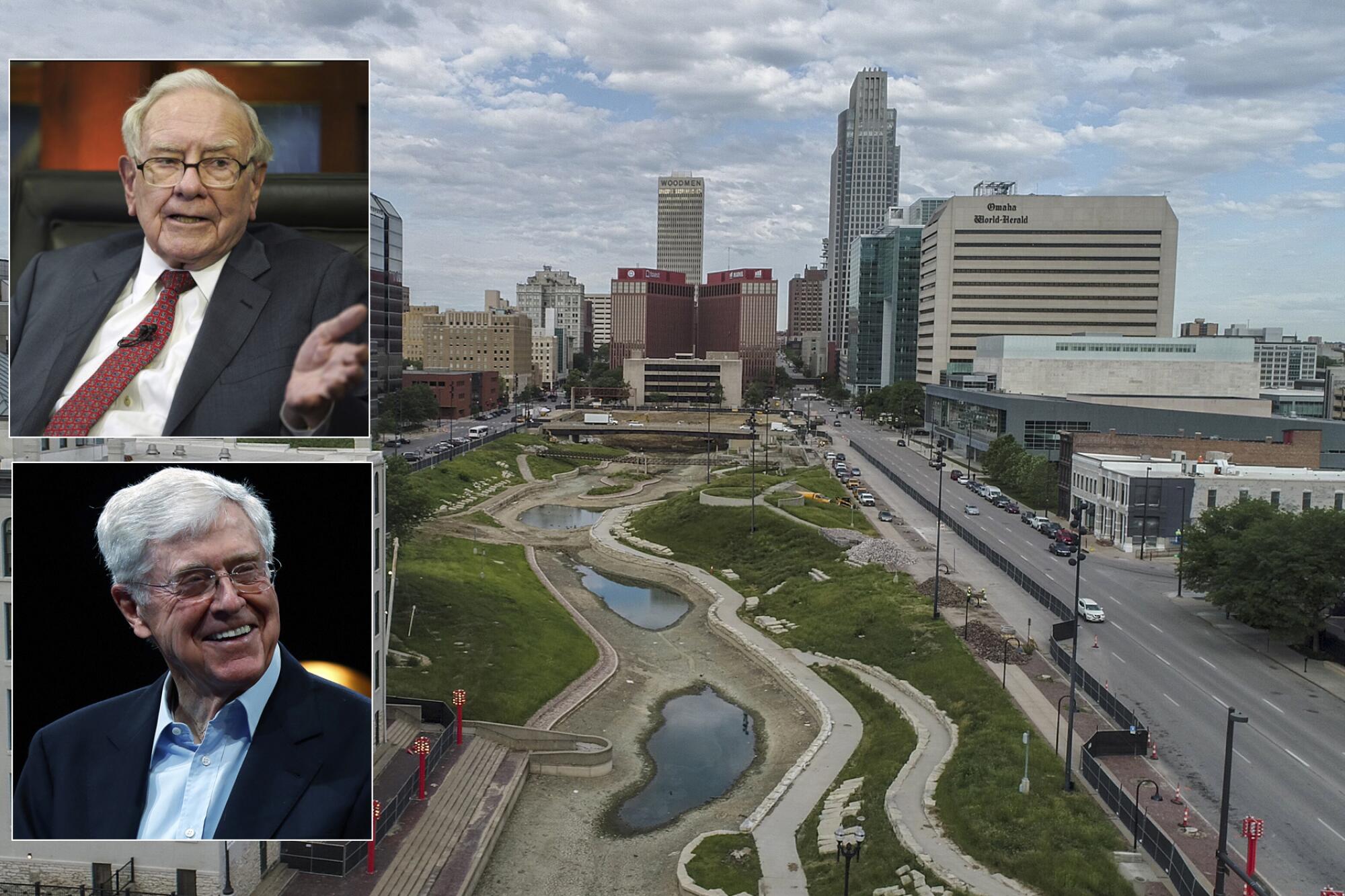 Omaha, shown, is the hometown of Warren Buffett, top inset. Another billionaire, Charles Koch, below, is from Wichita, Kan.