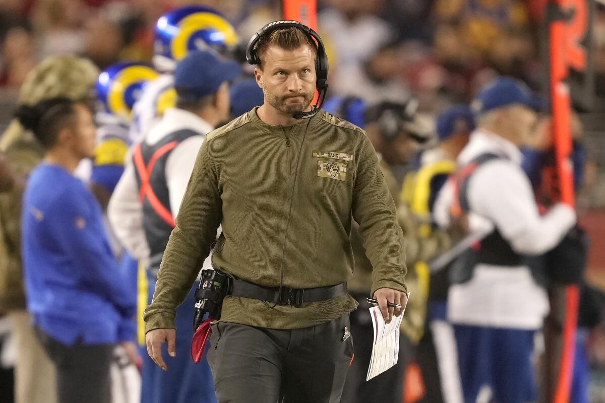 Rams coach Sean McVay walks the sideline during Monday night's loss to the 49ers.