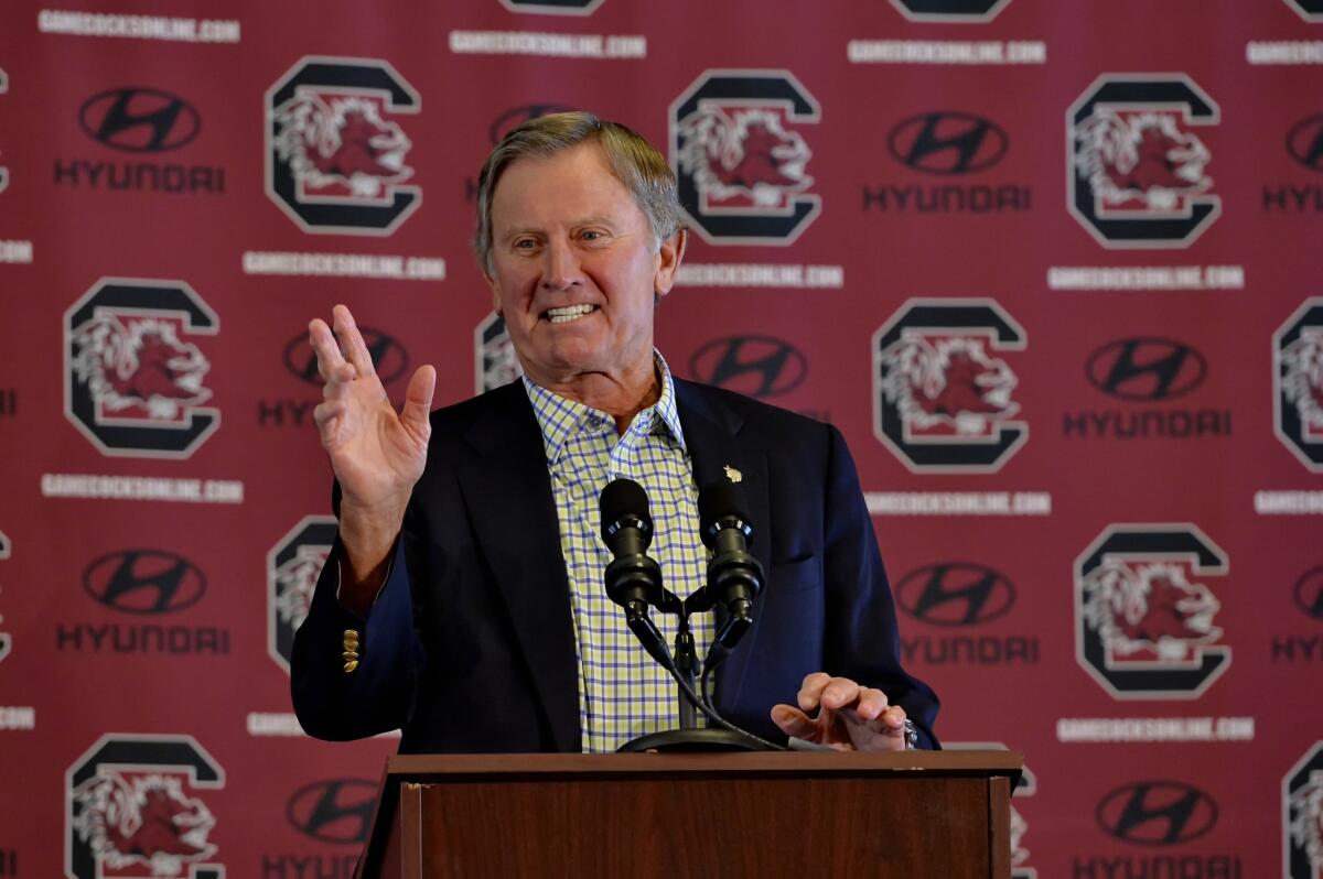 Steve Spurrier speaks at a news conference Tuesday to announce his resignation from his role as the head coach of the South Carolina football program.