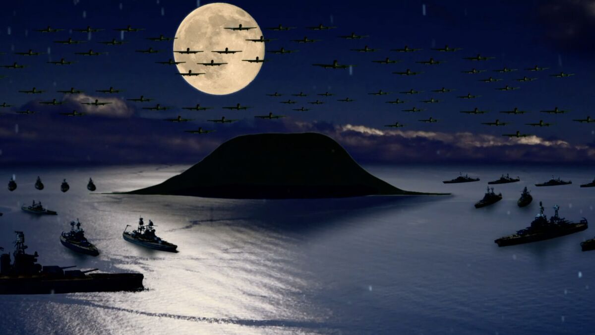 Warplanes are silhouetted against the moon and the night sky above an array of battleships at sea in the movie "Hanagatami."