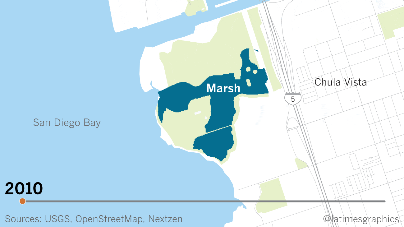 An animated map showing how San Diego's Sweetwater Marsh could be wiped out by rising seas by 2090.
